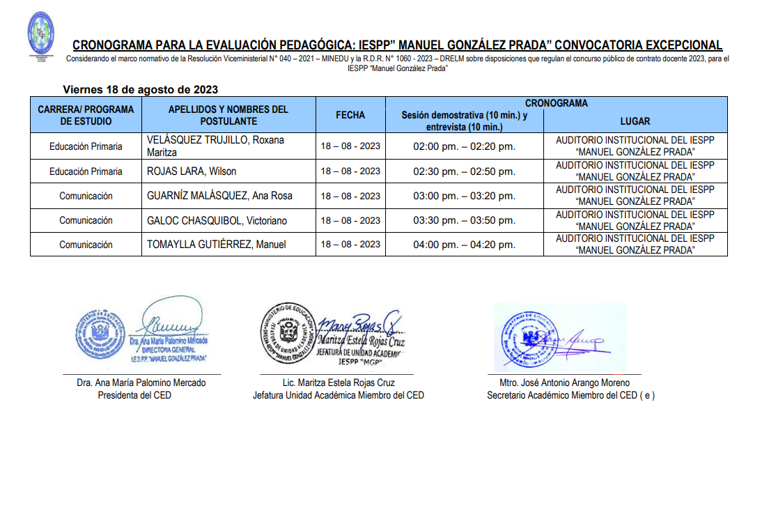 Cronograma evaluación pedagógico Convocatoria Excepcional