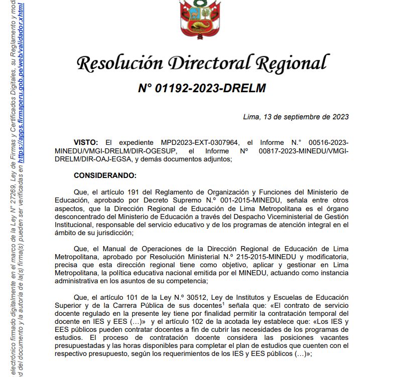 RDR N° 1192-2023 APROBAR convocatoria y cronograma concurso contratación- IESPP. M. GONZÁLEZ P.