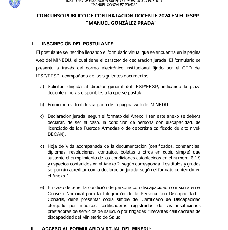 CONCURSO PÚBLICO DE CONTRATACIÓN DOCENTE 2024 EN EL IESPP“MANUEL GONZÁLEZ PRADA”