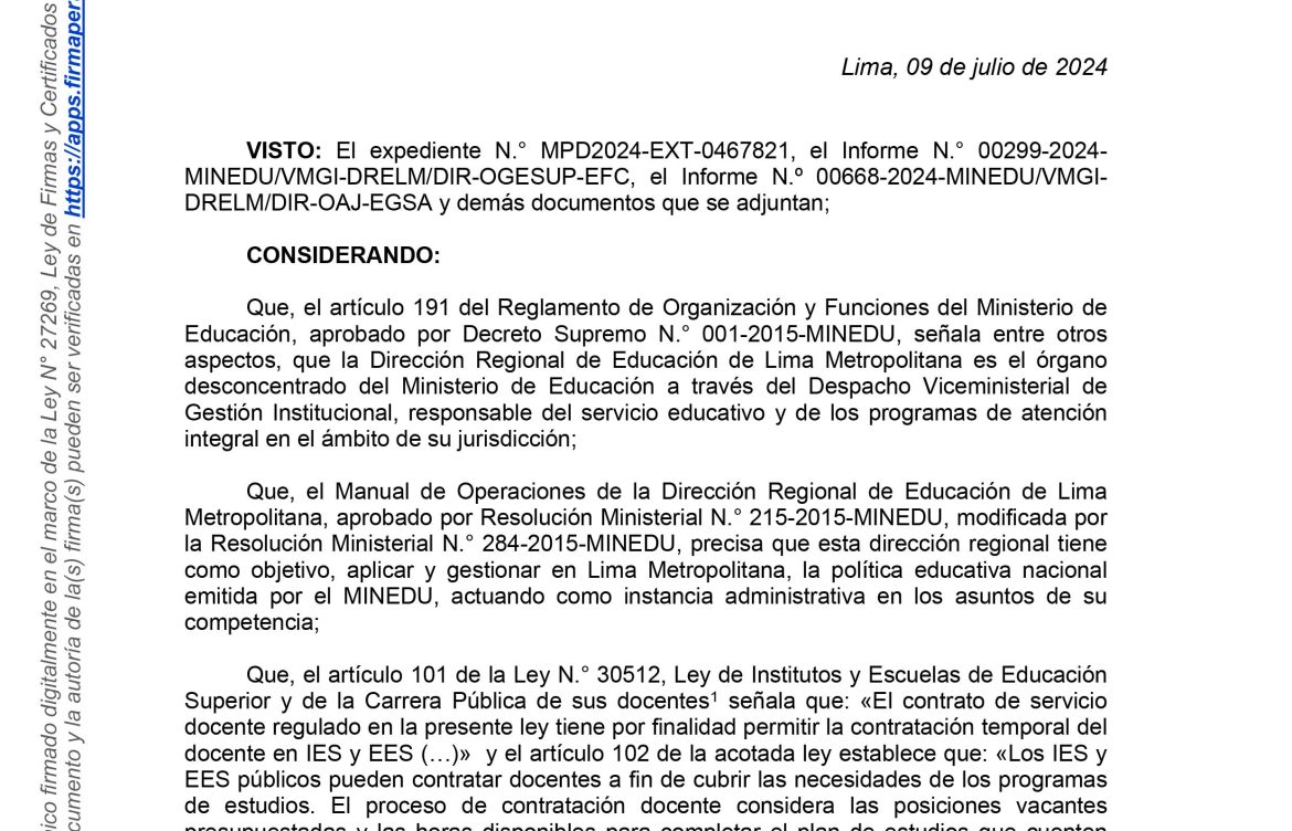 RDR N° 01008-2024-DRELM Convocatoria Contrato Docente IESPP MGP