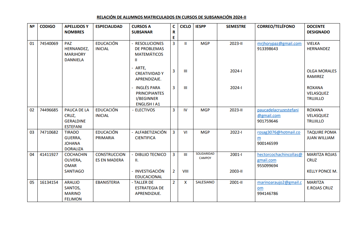 DESIGNACIÓN DE DOCENTES CURSOS DE SUBSNACIÓN  2024-II