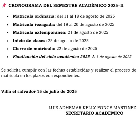 Cronograma Académico 2025-II: Matrícula e Inicio de Clases