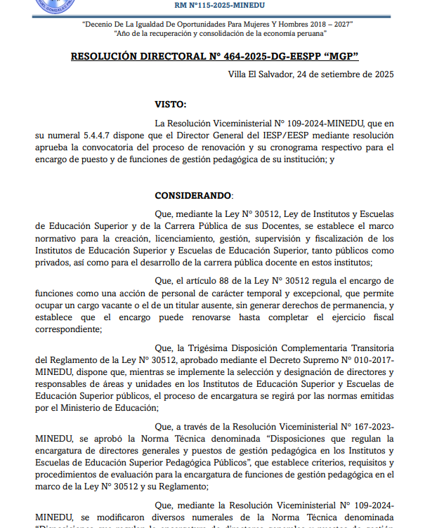 Resolución Directoral que aprueba el cronograma del proceso de renovación de encargatura de funciones de gestión pedagógica – Año 2025