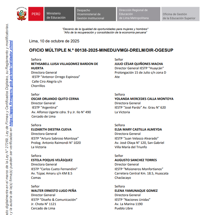 OFICIO MÚLTIPLE N.º 00138-2025-MINEDU/VMGI-DRELM/DIR-OGESUP